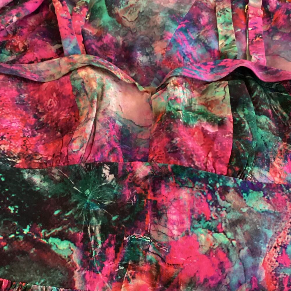 Amanda Uprichard Pink Green Watercolor Satin Fit and Flare Dress XS - Picture 6 of 9